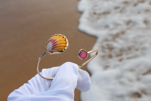 Sunrise Shell and Pink Tourmaline Cuff Bracelet in Gold