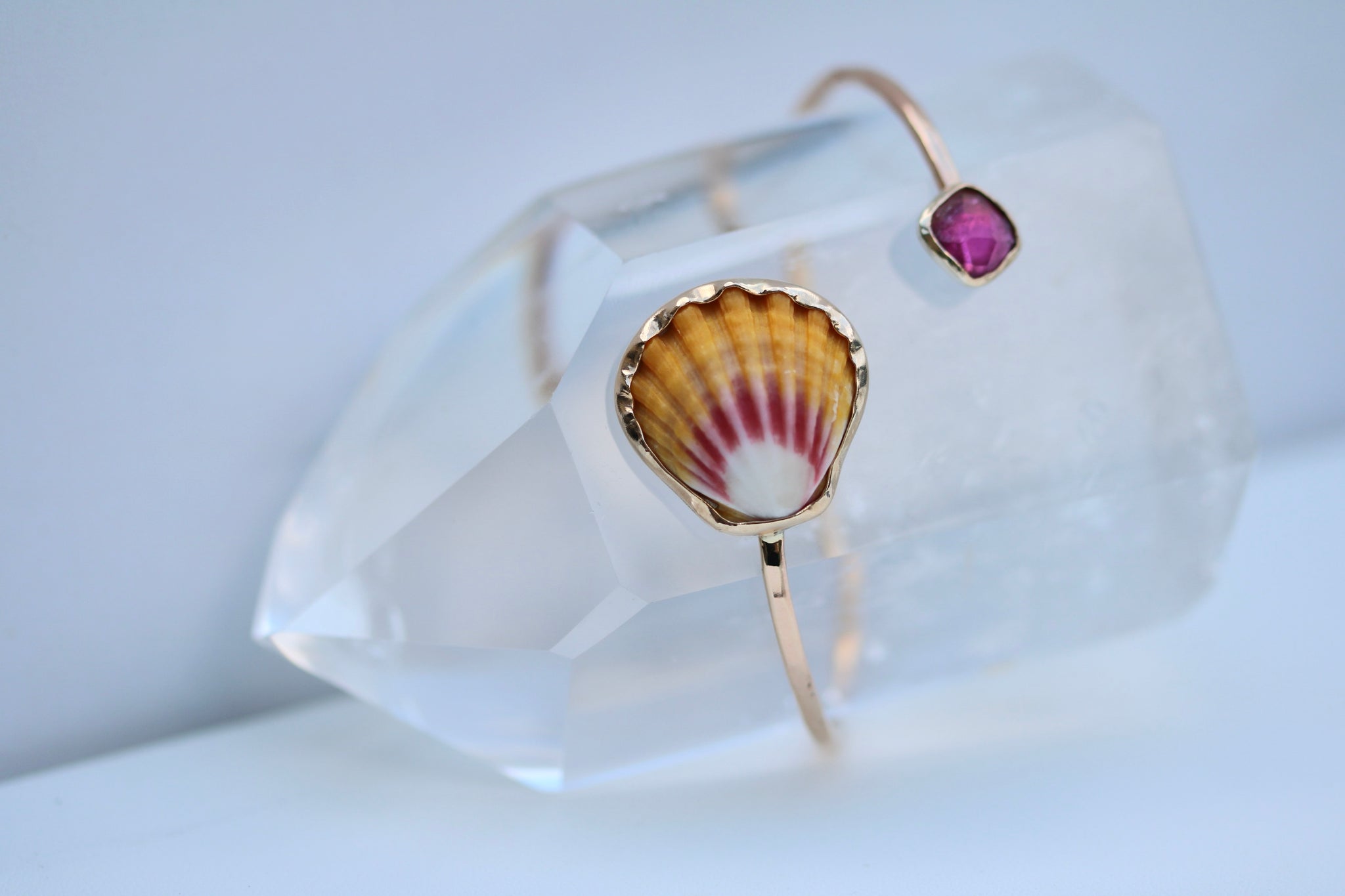 Sunrise Shell and Pink Tourmaline Cuff Bracelet in Gold