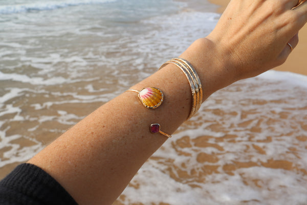 Sunrise Shell and Pink Tourmaline Cuff Bracelet in Gold