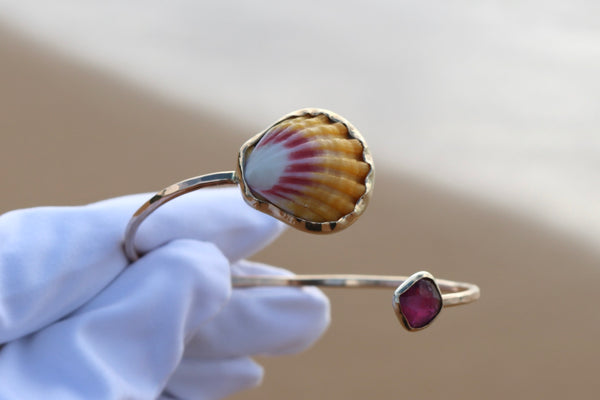 Sunrise Shell and Pink Tourmaline Cuff Bracelet in Gold