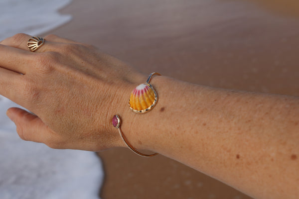 Sunrise Shell and Pink Tourmaline Cuff Bracelet in Gold