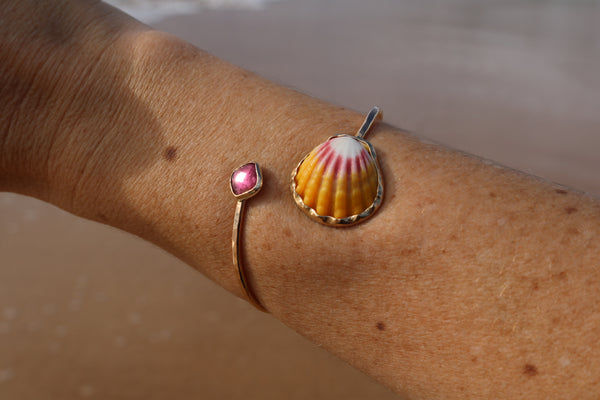 Sunrise Shell and Pink Tourmaline Cuff Bracelet in Gold