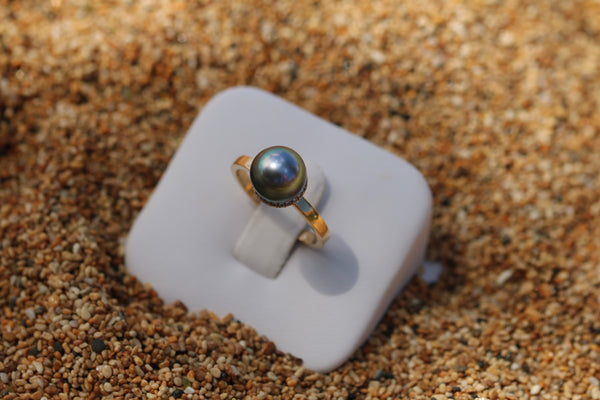 Diamond Halo Tahitian Pearl Ring in solid 14k gold