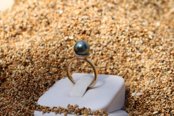 Diamond Halo Tahitian Pearl Ring in solid 14k gold