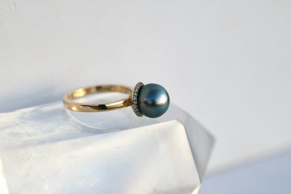 Diamond Halo Tahitian Pearl Ring in solid 14k gold