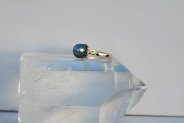 Diamond Halo Tahitian Pearl Ring in solid 14k gold