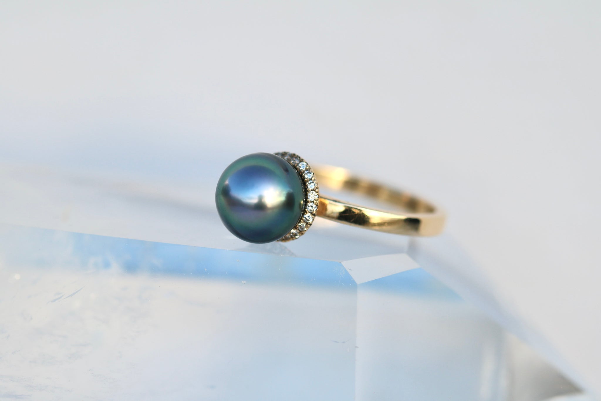 Diamond Halo Tahitian Pearl Ring in solid 14k gold