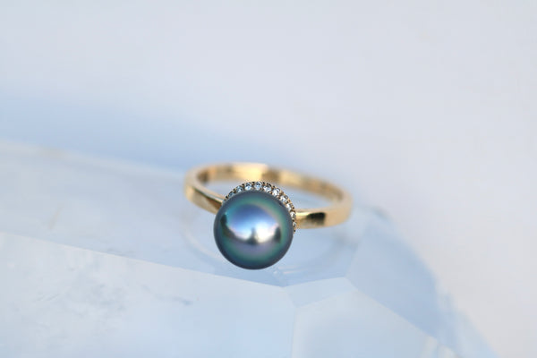 Diamond Halo Tahitian Pearl Ring in solid 14k gold