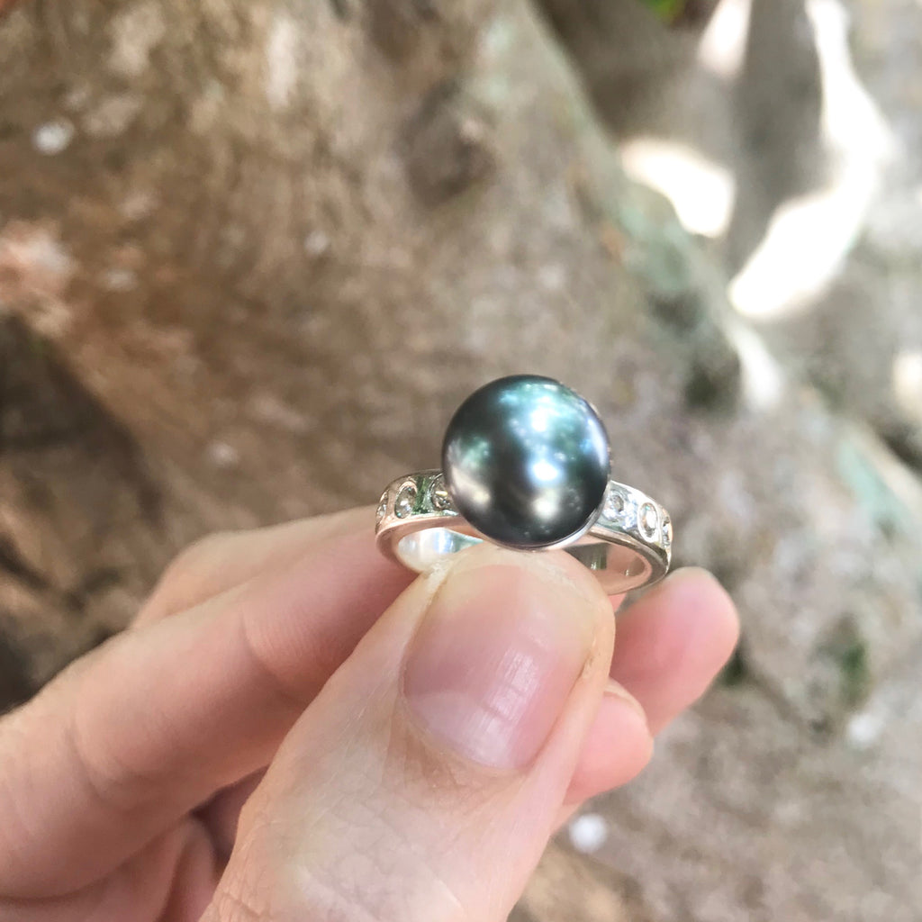 9.0 - 9.5mm Black Cultured Tahitian Pearl and 1/15 CT. T.W. Diamond Bypass  Ring in Sterling Silver | Zales